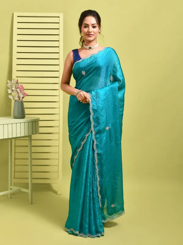 Blue_Satin_Embellished_Sarees_For_Women