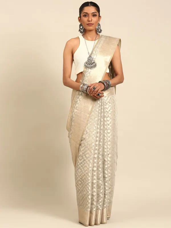 Grey_colour_Cotton_Blend_Saree_for_Women