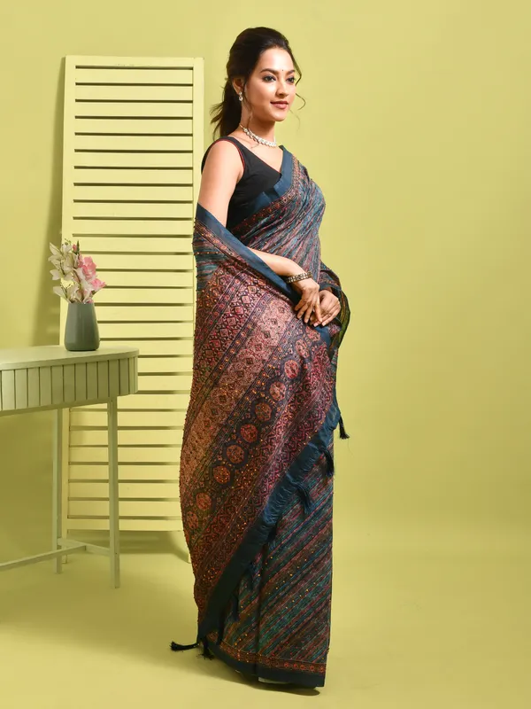 Blue_Silk_Blend_Embroidered_Sarees_For_Women