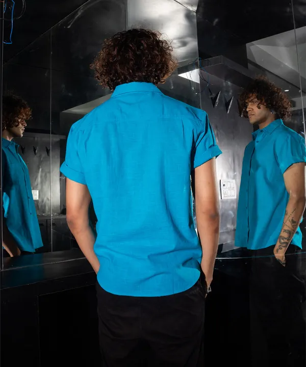Blue_Half_Sleeves_Oversized_Rayon_Cotton_Shirt_For_Women