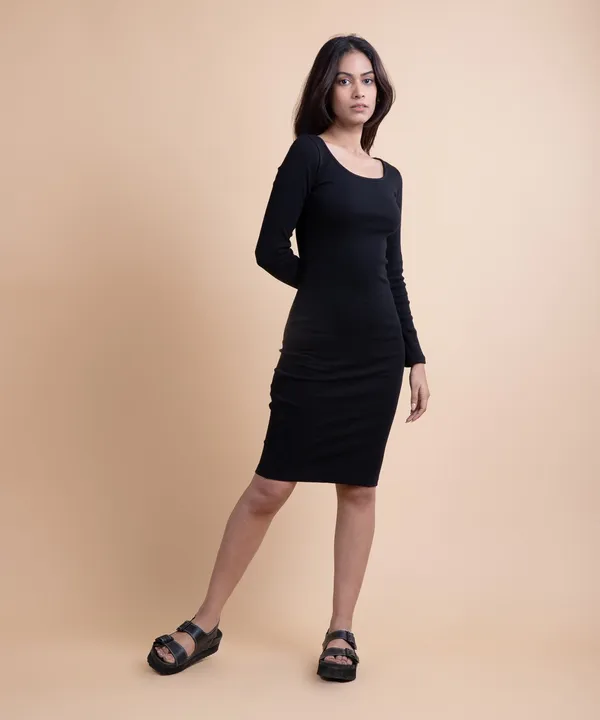 Black_Ribbed_Calf_Length_Full_Sleeves_Bodycon_Dress_For_Women