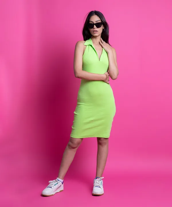 Neon_Green_Ribbed_Collared_Halter_Neck_Bodycon_Dress_For_Women