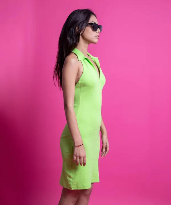 Neon_Green_Ribbed_Collared_Halter_Neck_Bodycon_Dress_For_Women