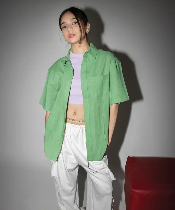 Green_Emerald_Half_Sleeves_Oversized_Rayon_Cotton_Shirt_For_Women