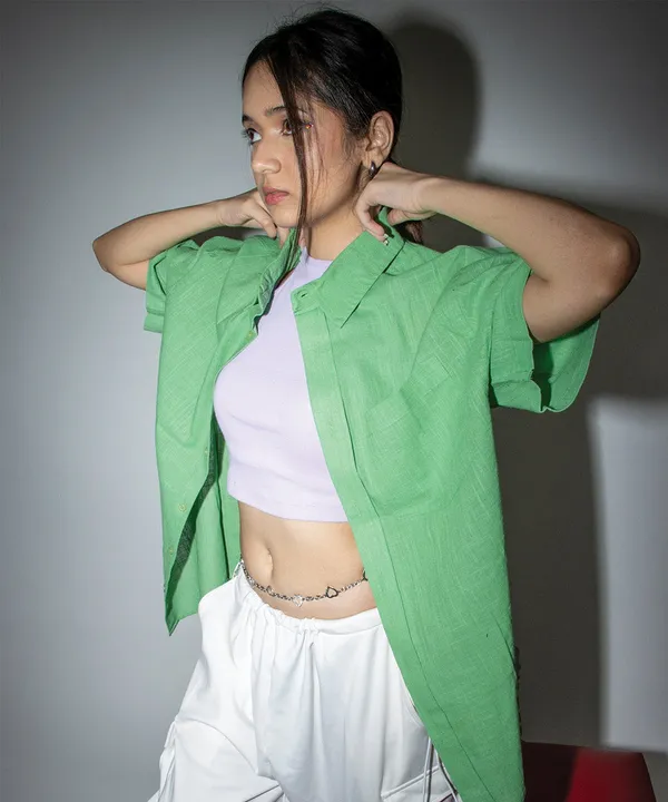 Green_Emerald_Half_Sleeves_Oversized_Rayon_Cotton_Shirt_For_Women