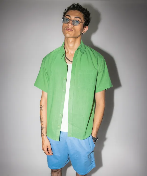 Green_Emerald_Half_Sleeves_Oversized_Rayon_Cotton_Shirt_For_Women