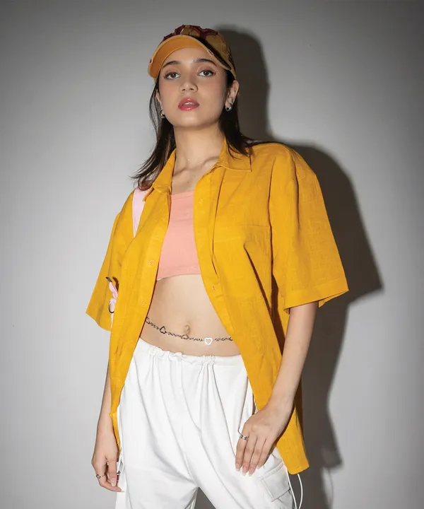 Mustard_Half_Sleeves_Oversized_Rayon_Cotton_Shirt_For_Women