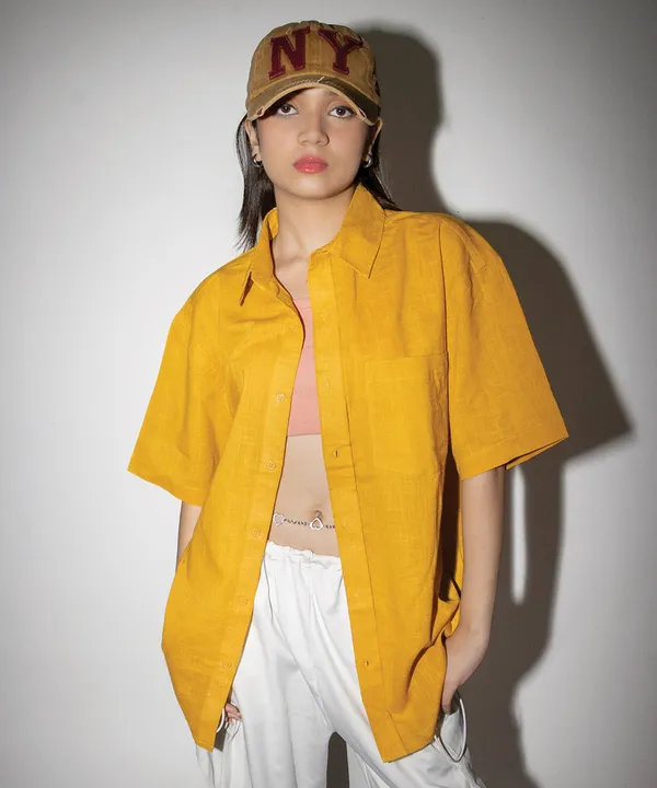 Mustard_Half_Sleeves_Oversized_Rayon_Cotton_Shirt_For_Women