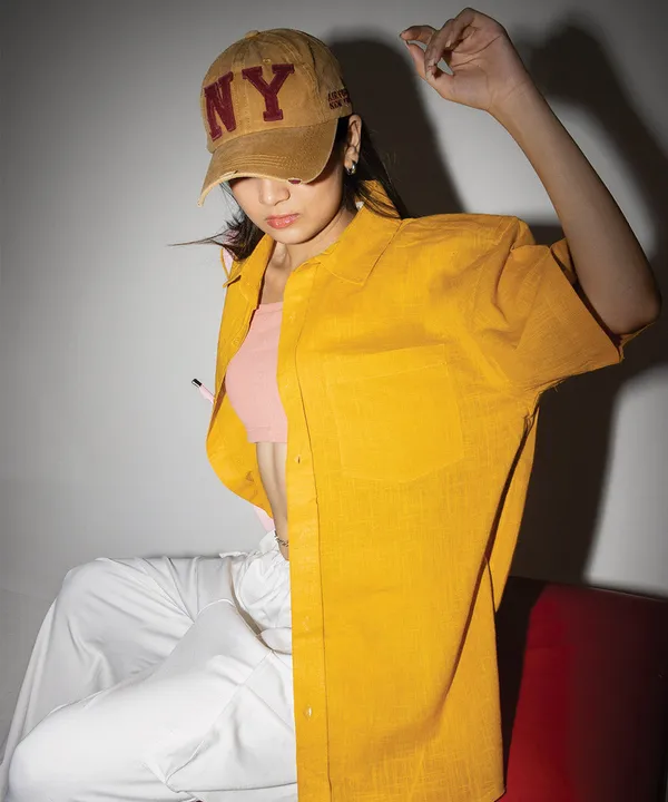 Mustard_Half_Sleeves_Oversized_Rayon_Cotton_Shirt_For_Women