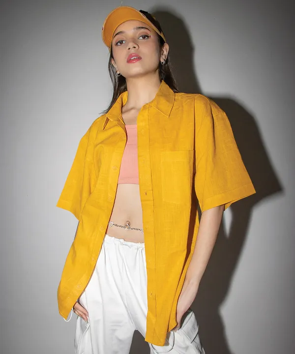 Mustard_Half_Sleeves_Oversized_Rayon_Cotton_Shirt_For_Women