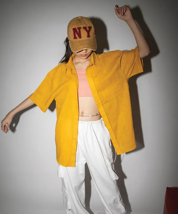 Mustard_Half_Sleeves_Oversized_Rayon_Cotton_Shirt_For_Women