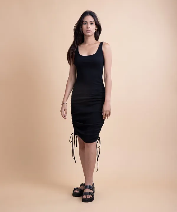 Black_Ribbed_Narrow_Shoulder_Drawstring_Bodycon_Dress_For_Women