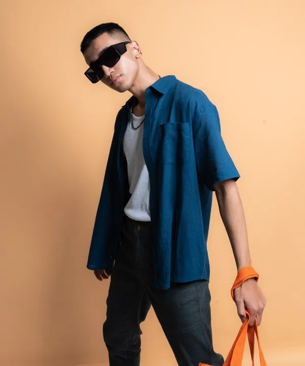 Navy_Blue_Half_Sleeves_Oversized_Rayon_Cotton_Shirt_For_Women