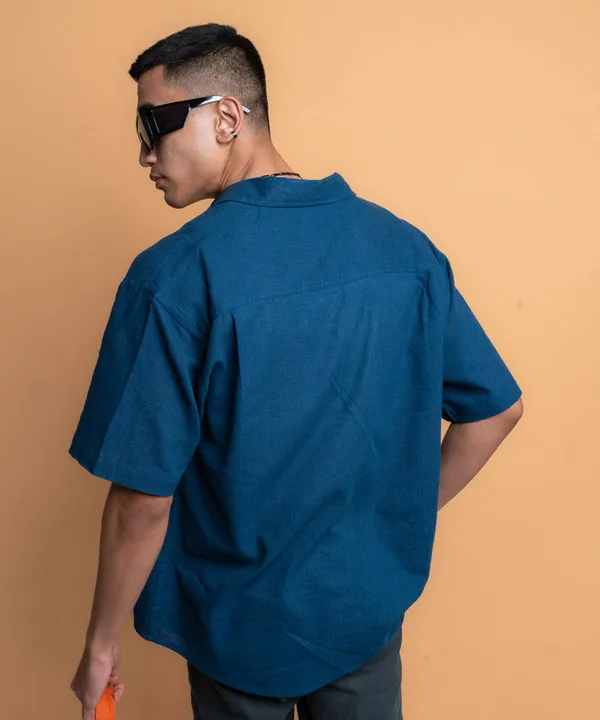 Navy_Blue_Half_Sleeves_Oversized_Rayon_Cotton_Shirt_For_Women