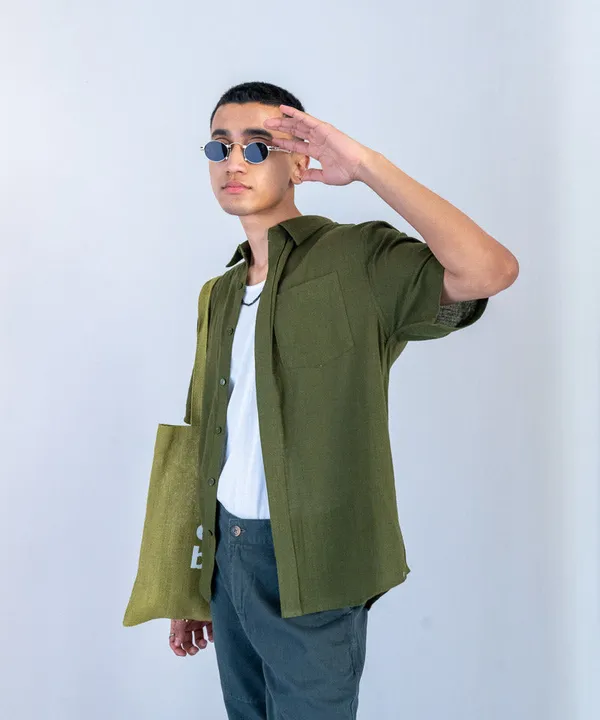 Olive_Green_Half_Sleeves_Oversized_Rayon_Cotton_Shirt_For_Women