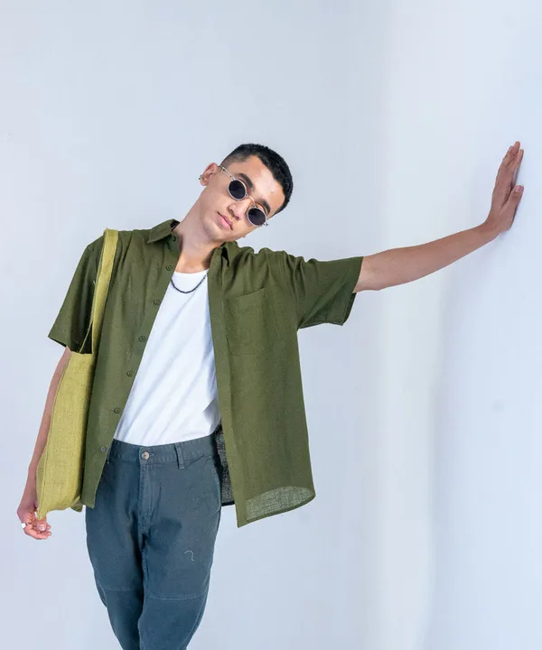 Olive_Green_Half_Sleeves_Oversized_Rayon_Cotton_Shirt_For_Women