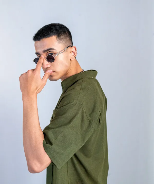 Olive_Green_Half_Sleeves_Oversized_Rayon_Cotton_Shirt_For_Women