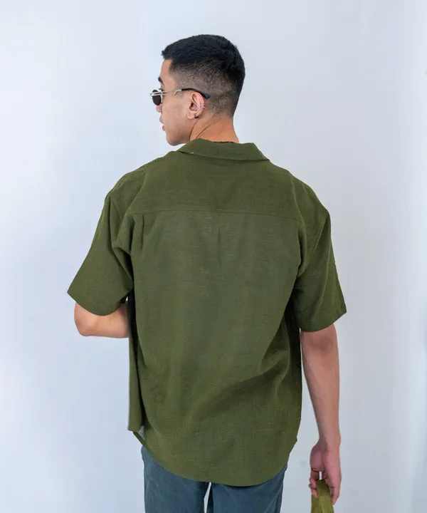 Olive_Green_Half_Sleeves_Oversized_Rayon_Cotton_Shirt_For_Women