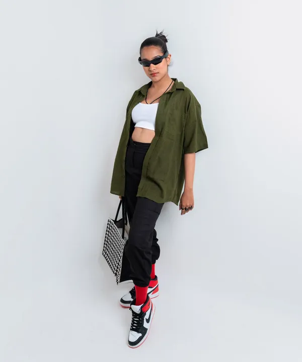 Olive_Green_Half_Sleeves_Oversized_Rayon_Cotton_Shirt_For_Women