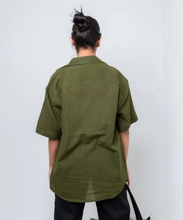 Olive_Green_Half_Sleeves_Oversized_Rayon_Cotton_Shirt_For_Women
