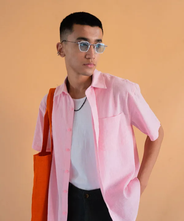 Pastel_Pink_Half_Sleeves_Oversized_Rayon_Cotton_Shirt_For_Women