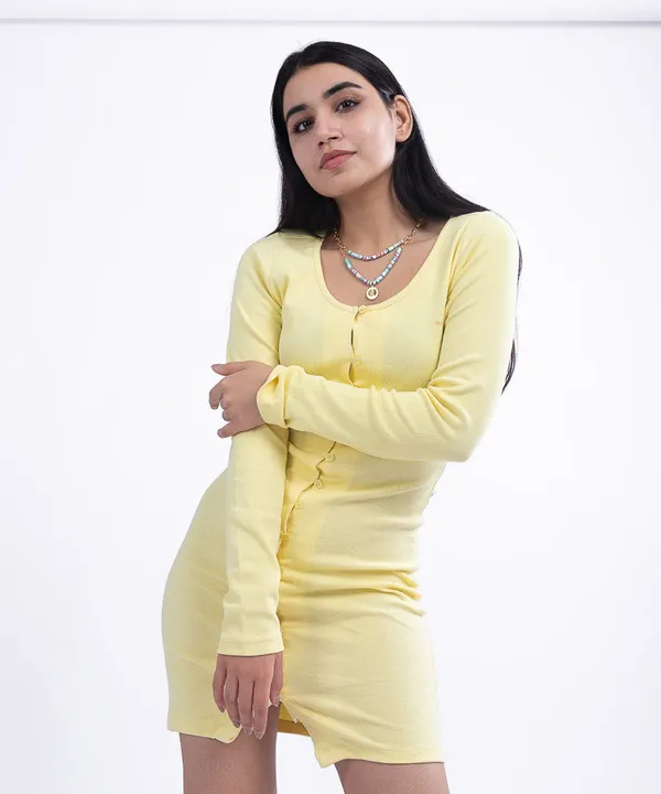 Lemon_Ribbed_Button_Down_Bodycon_Dress_For_Women