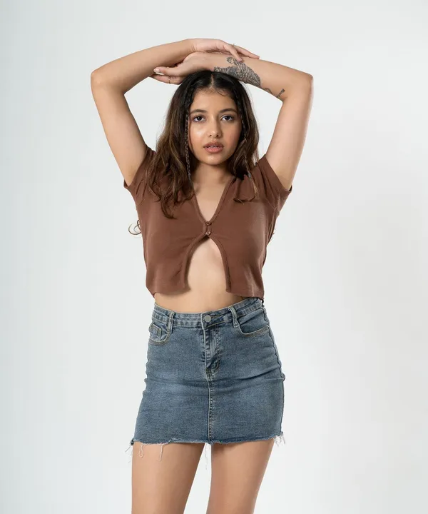 Brown_Ribbed_Button_V-Neck_Top_For_Women