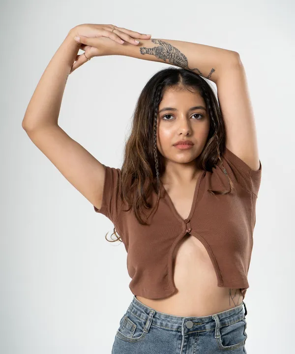 Brown_Ribbed_Button_V-Neck_Top_For_Women