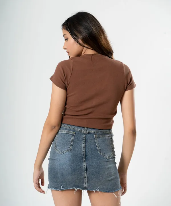 Brown_Ribbed_Button_V-Neck_Top_For_Women