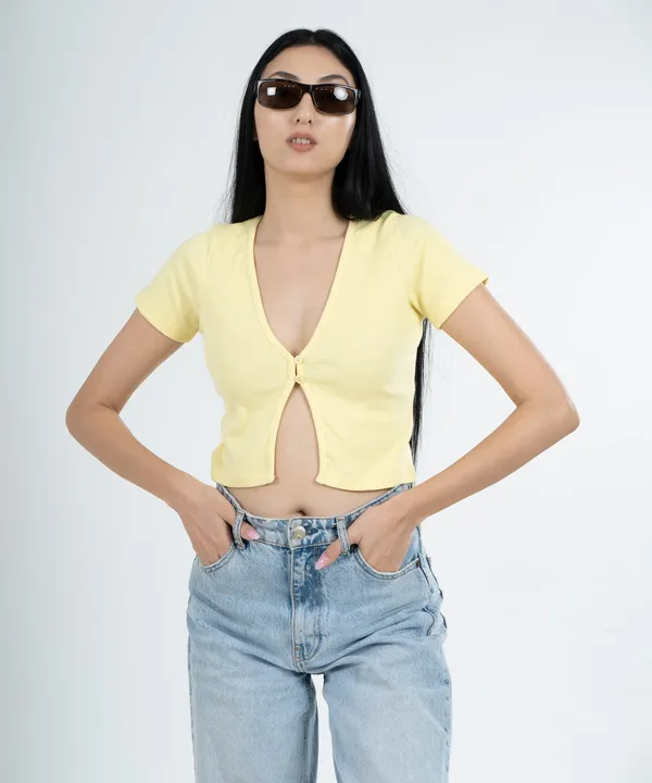 Lemon_Ribbed_Button_V-Neck_Top_For_Women