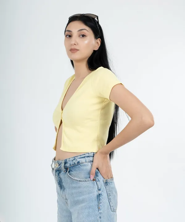 Lemon_Ribbed_Button_V-Neck_Top_For_Women
