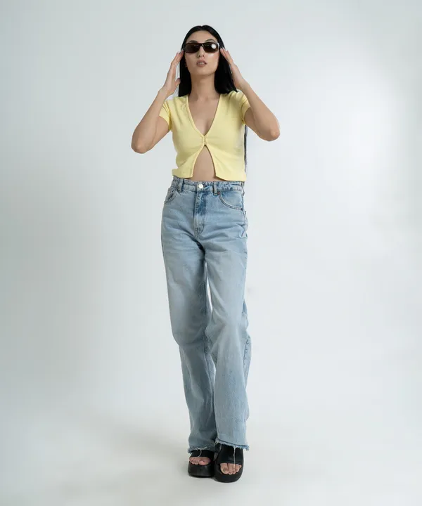 Lemon_Ribbed_Button_V-Neck_Top_For_Women