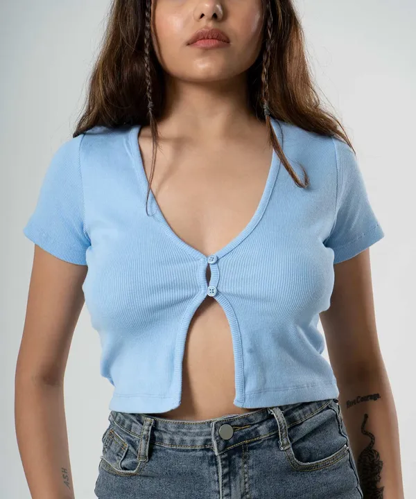 Light_Blue_Ribbed_Button_V-Neck_Top_For_Women
