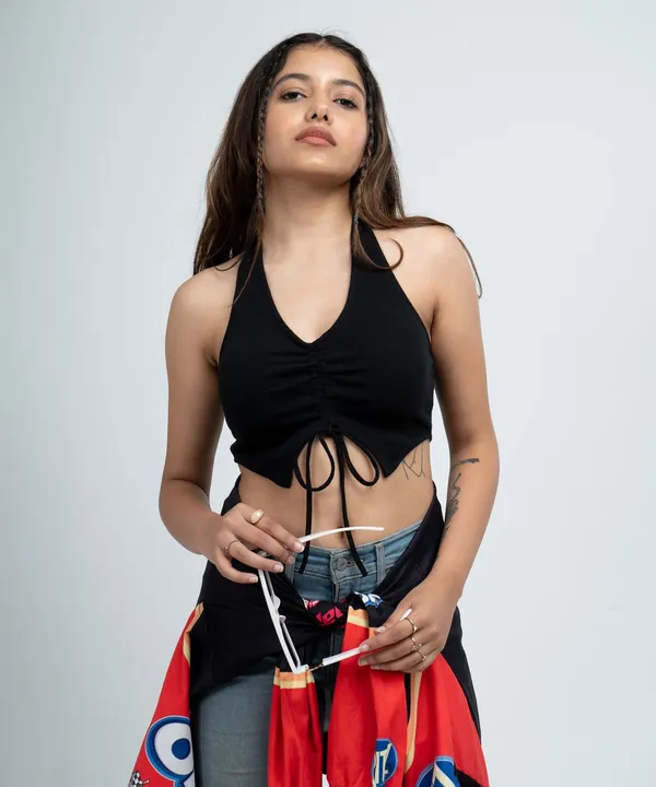 Black_Ribbed_Draped_Drawstring_Cropped_Top_For_Women