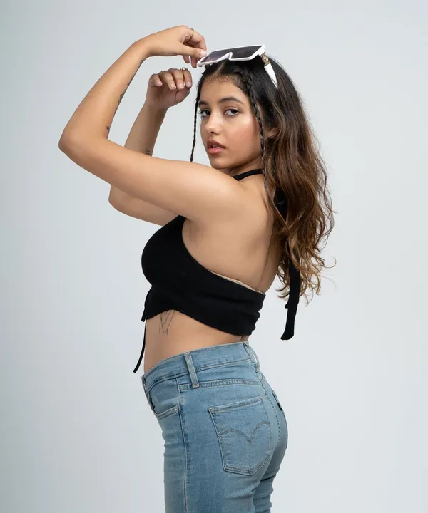 Black_Ribbed_Draped_Drawstring_Cropped_Top_For_Women