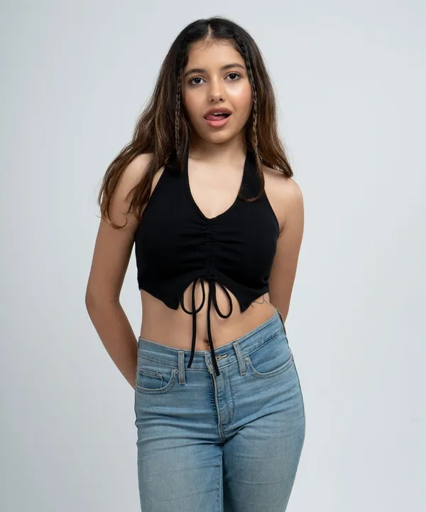 Black_Ribbed_Draped_Drawstring_Cropped_Top_For_Women