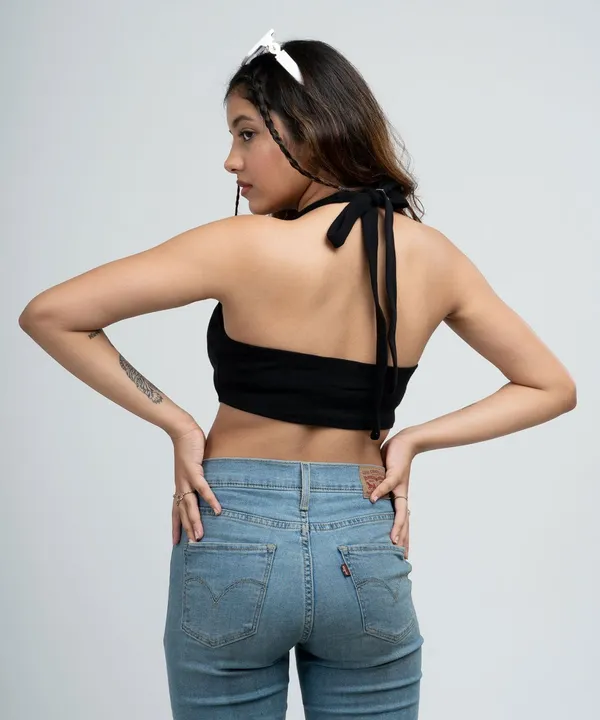 Black_Ribbed_Draped_Drawstring_Cropped_Top_For_Women