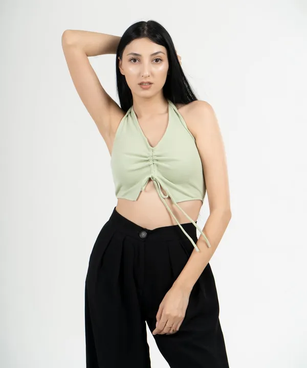 Pastel_Green_Ribbed_Draped_Drawstring_Cropped_Top_For_Women