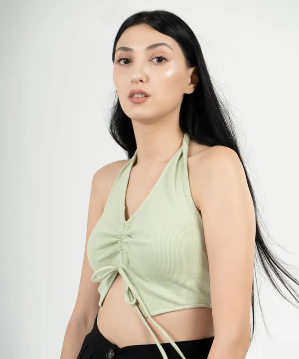 Pastel_Green_Ribbed_Draped_Drawstring_Cropped_Top_For_Women