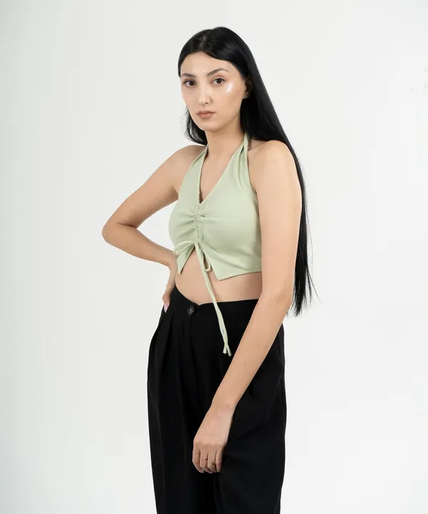 Pastel_Green_Ribbed_Draped_Drawstring_Cropped_Top_For_Women