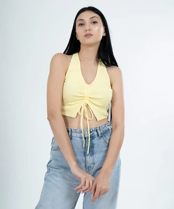 Lemon_Ribbed_Draped_Drawstring_Cropped_Top_For_Women