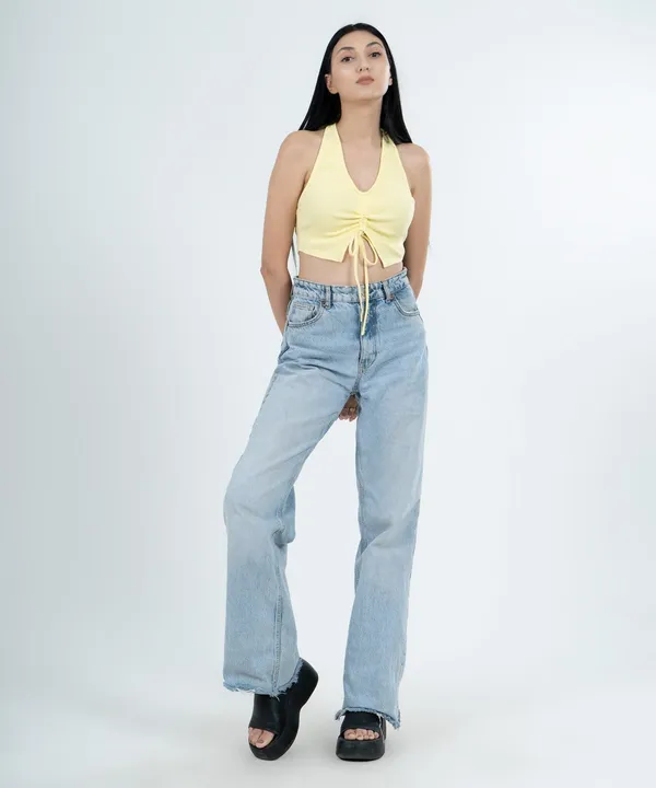 Lemon_Ribbed_Draped_Drawstring_Cropped_Top_For_Women