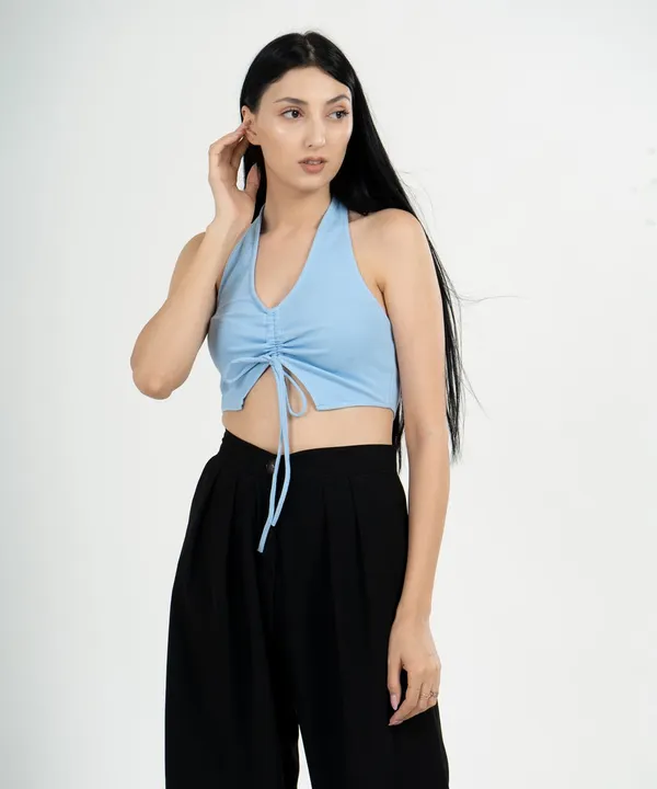Light_Blue_Ribbed_Draped_Drawstring_Cropped_Top_For_Women