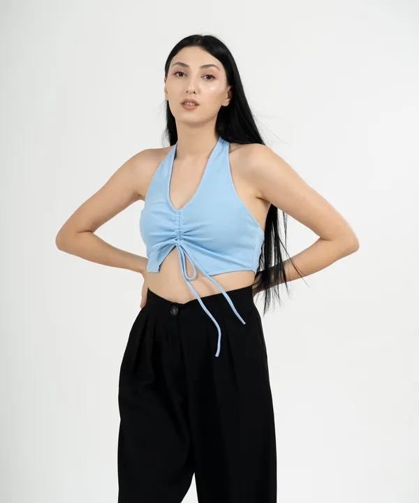 Light_Blue_Ribbed_Draped_Drawstring_Cropped_Top_For_Women