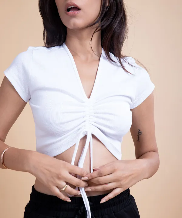 White_Ribbed_Drawstring_Half_Sleeves_V-Neck_Top_For_Women