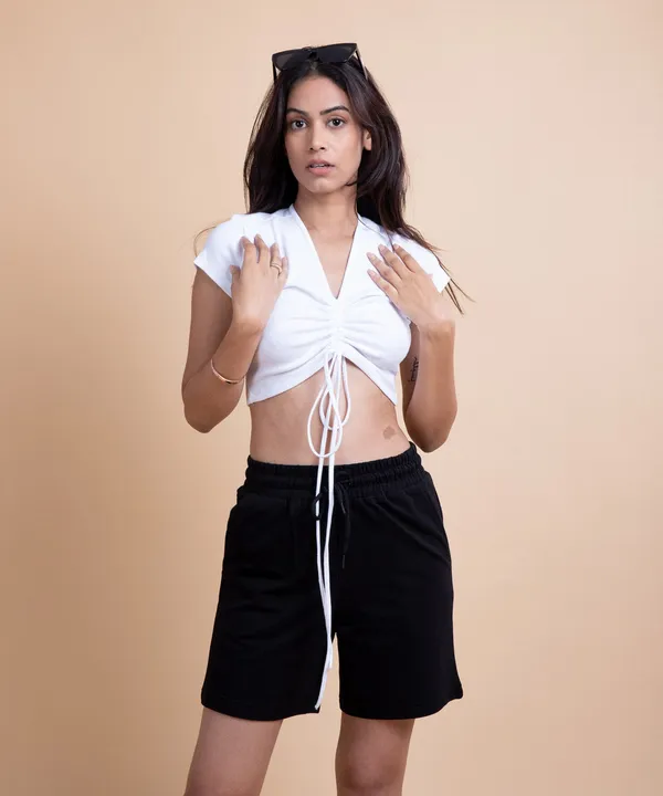 White_Ribbed_Drawstring_Half_Sleeves_V-Neck_Top_For_Women