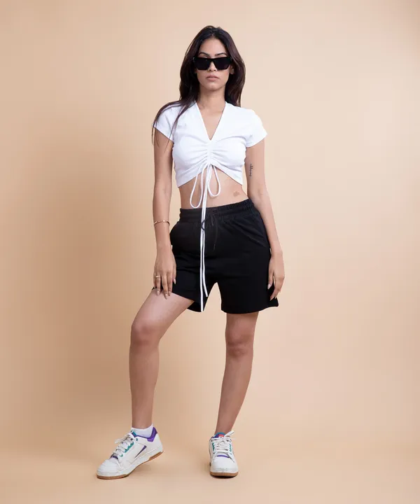 White_Ribbed_Drawstring_Half_Sleeves_V-Neck_Top_For_Women