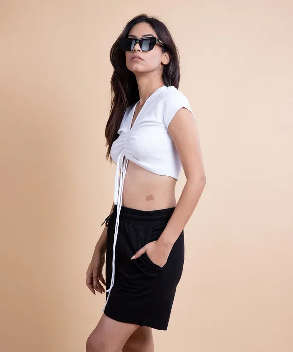 White_Ribbed_Drawstring_Half_Sleeves_V-Neck_Top_For_Women