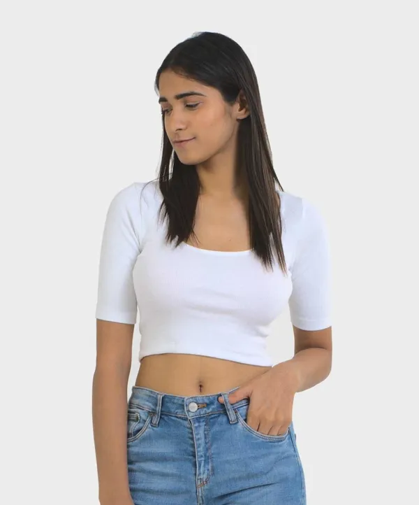 White_Ribbed_Half_Sleeves_Top_For_Women