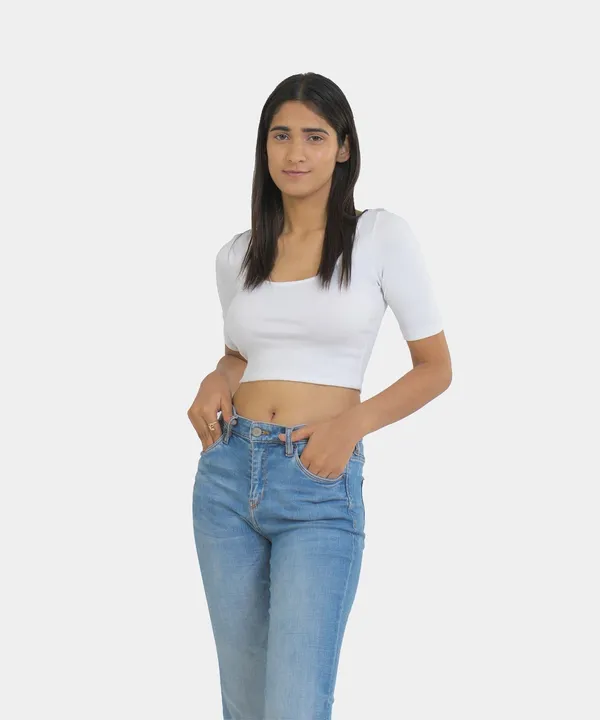 White_Ribbed_Half_Sleeves_Top_For_Women